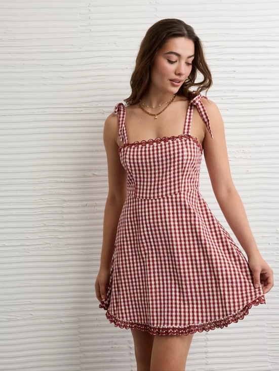 American Eagle Outfitters Dresses & Skirts - American Eagle Red/White Gingham Tie-Strap Mini Dress (with Eyelet Trim)